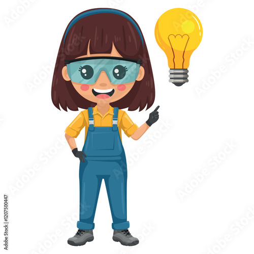 Maintenance technician with a light bulb. Creative concept for the generation of ideas. Handy woman focused on maintenance tasks, repairs in industrial and domestic environments