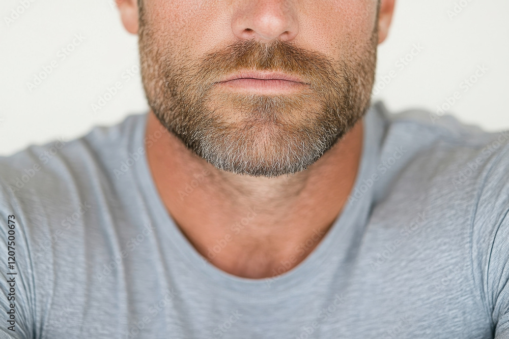 Obraz premium A man with a beard and mustache is wearing a gray shirt