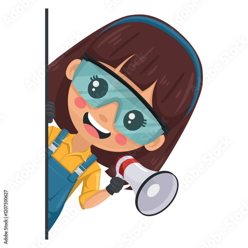 Maintenance technician peeking out from behind a wall making an announcement with a megaphone. Concept of communication, notification and contact. Handy woman on repairs in industrial and domestic