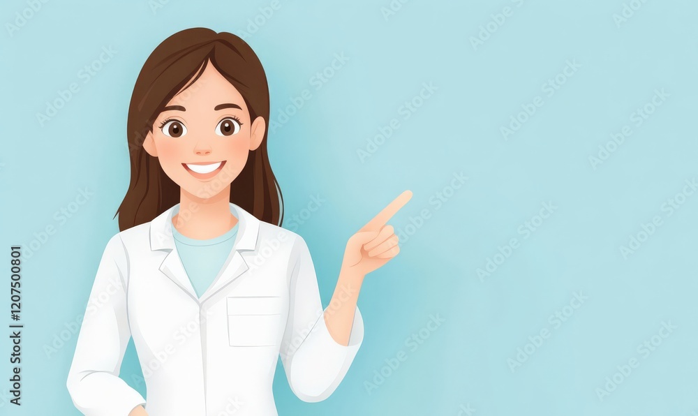 Cute cartoon woman doctor on blue background with copyspace for your text