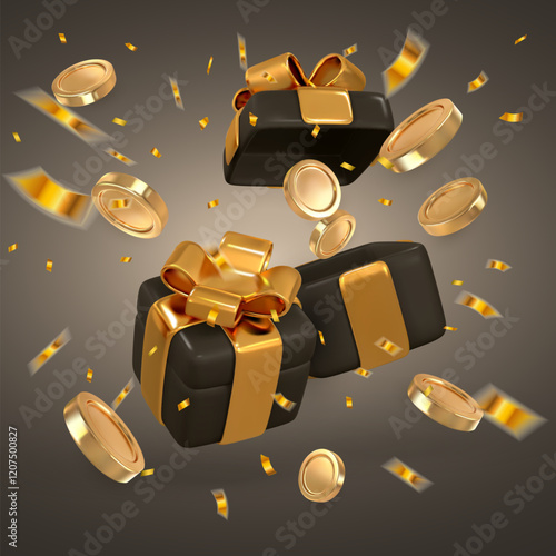 Realistic gift box with gold ribbon, coin and confetti. Vector illustration