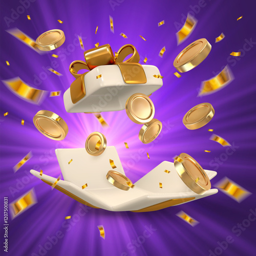 Realistic gift box with gold ribbon, coin and confetti. Vector illustration