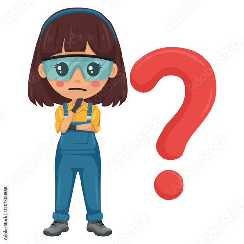 Maintenance technician pensive and expressing doubt with giant question sign for FAQ concept. Handyman with personal protective equipment focused on maintenance repairs in industrial and domestic