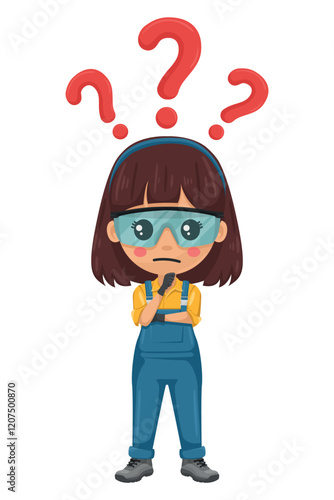 Maintenance technician pensive and expressing doubt with question sign for FAQ concept. Handy woman with personal protective equipment focused on maintenance repairs in industrial and domestic