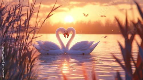 Fototapeta Naklejka Na Ścianę i Meble -  Two swans making a heart shape