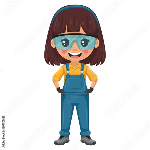 Maintenance technician. Handy woman with personal protective equipment, safety glasses, blue overalls and gloves, focused on maintenance tasks, repairs in industrial and domestic environments