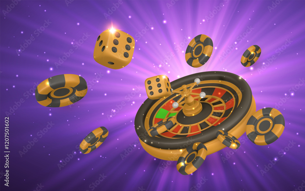 Naklejka premium Realistic 3d casino game concept. Roulette wheel, poker chips, confetti. Gambling concept. Vector illustration