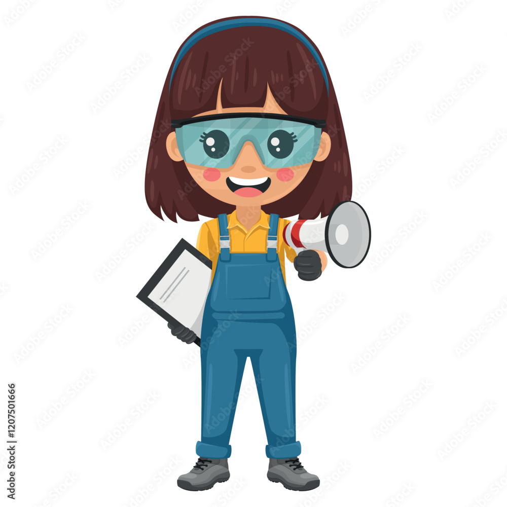 Maintenance technician making an announcement with a megaphone with notepad. Handy woman with personal protective equipment, focused on maintenance, repairs in industrial and domestic environments Maintenance technician making an announcement with a megaphone with notepad. Handy woman with personal protective equipment, focused on maintenance, repairs in industrial and domestic environments