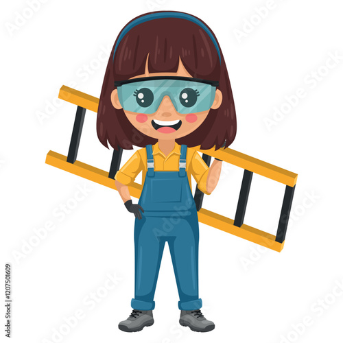 Maintenance technician carrying a ladder with thumb up. Handy woman with personal protective equipment focused on maintenance tasks, repairs in industrial and domestic environments