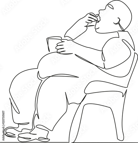 One continuous single drawing line art flat doodle fat man, overweight, food, rest, laziness, obesity. Isolated image hand draw contour on a white background, hand drawn, not AI