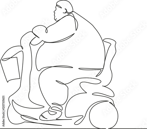 One continuous single drawing line art flat doodle fat man, mobility, scooter, wheelchair, immobilized, disabled. Isolated image hand draw contour on a white background, hand drawn, not AI