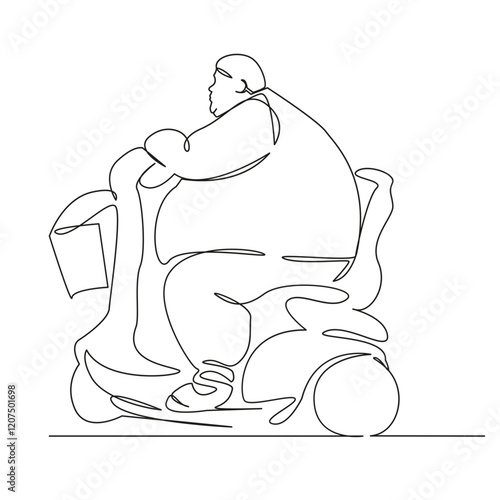 One continuous single drawing line art flat doodle fat man, mobility, scooter, wheelchair, immobilized, disabled. Isolated image hand draw contour on a white background, hand drawn, not AI