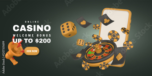 Realistic 3d online casino game concept. Phone, roulette wheel, playing cards, poker chips, dice. Gambling concept. Vector illustration