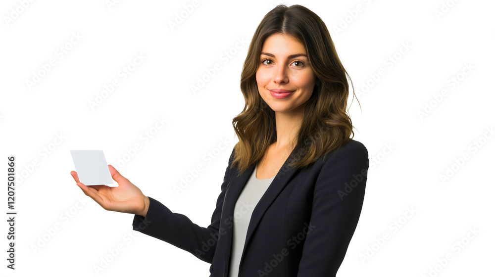Confident Woman Portrait in Casual Business Attire Holding Marketing Card in Office Setting