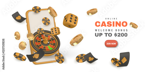 Realistic 3d online casino game concept. Phone, roulette wheel, playing cards, poker chips, dice. Gambling concept. Vector illustration