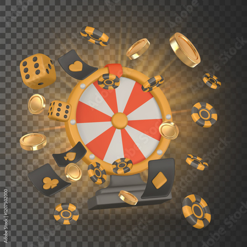 Realistic 3d casino game concept. Wheel of fortune, dice, golden coin, card. Gambling concept. Vector illustration