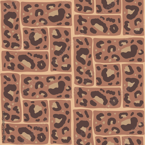 Leopard monochrome camouflage seamless pattern. Animal print mocha mouse endless background. Cheetah or panther skin texture modular repeat bg. Bento grid continuous ornament. Vector illustration.