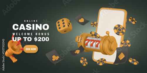 Realistic 3d online casino game concept. Slot machine, phone, roulette wheel, playing cards, poker chips, dice. Gambling concept. Vector illustration