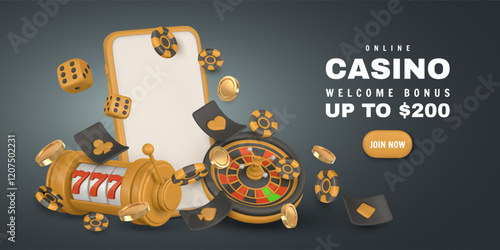 Realistic 3d online casino game concept. Slot machine, roulette wheel, phone, roulette wheel, playing cards, poker chips, dice. Gambling concept. Vector illustration