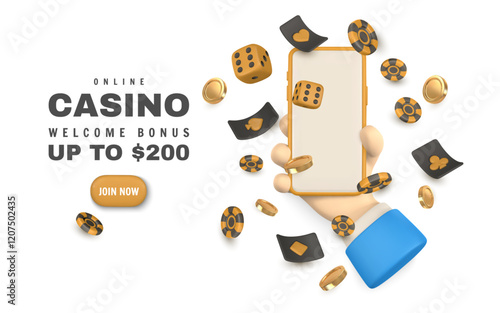 Realistic 3d online casino game concept. Phone in hand, playing cards, poker chips, dice. Gambling concept. Vector illustration