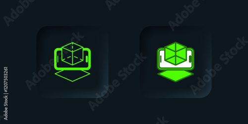 Green 3d modeling icon isolated on black background. Augmented reality or virtual reality. Black square button. Vector