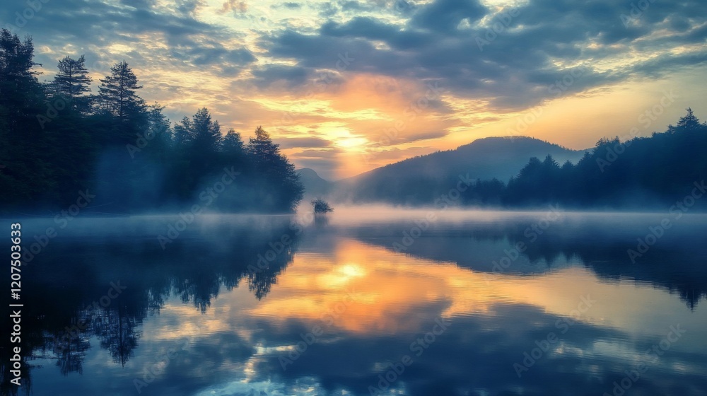 Obraz premium Serene Sunrise over Misty Lake with Mountain Reflections