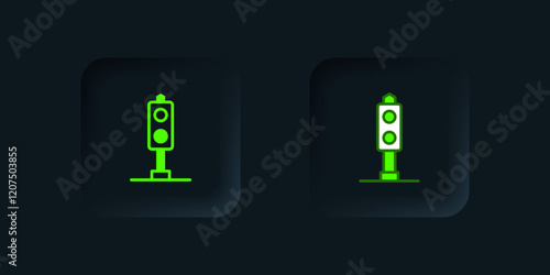 Green Train traffic light icon isolated on black background. Traffic lights for the railway to regulate the movement of trains. Black square button. Vector