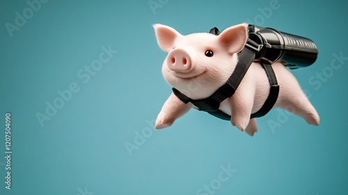 A charming cartoon pig equipped with a rocket pack, soaring against a light blue background. photo