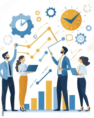 A team of professionals analyzes data trends with charts and graphs, showcasing collaboration and growth in a business environment.