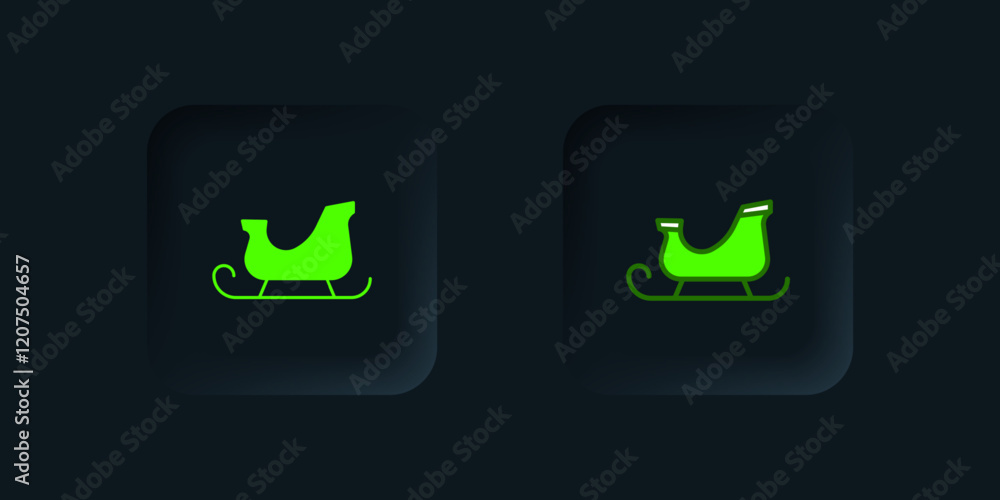 Green Christmas santa claus sleigh icon isolated on black background. Merry Christmas and Happy New Year. Black square button. Vector Green Christmas santa claus sleigh icon isolated on black background. Merry Christmas and Happy New Year. Black square button. Vector