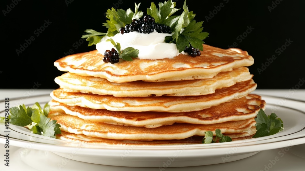 A platter of blini (thin pancakes) stacked high served with butter caviar and sour cream rare classic Soviet Union food festive elegance A platter of blini (thin pancakes) stacked high served with butter caviar and sour cream rare classic Soviet Union food festive elegance