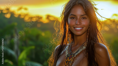 Smiling serene indigenous  woman in tribal necklace standing outdoors with lush green jungle and sunset in background vibrant warm lighting photo