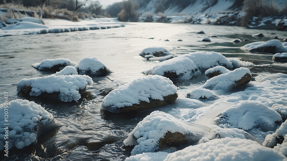 River partially frozen with snow-covered rocks, River partially frozen with snow-covered rocks,