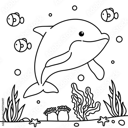 A little dolphin is swimming and exploring under the sea among a school of fish, easy coloring for kids, vector, illustration, coloring book, coloring page

