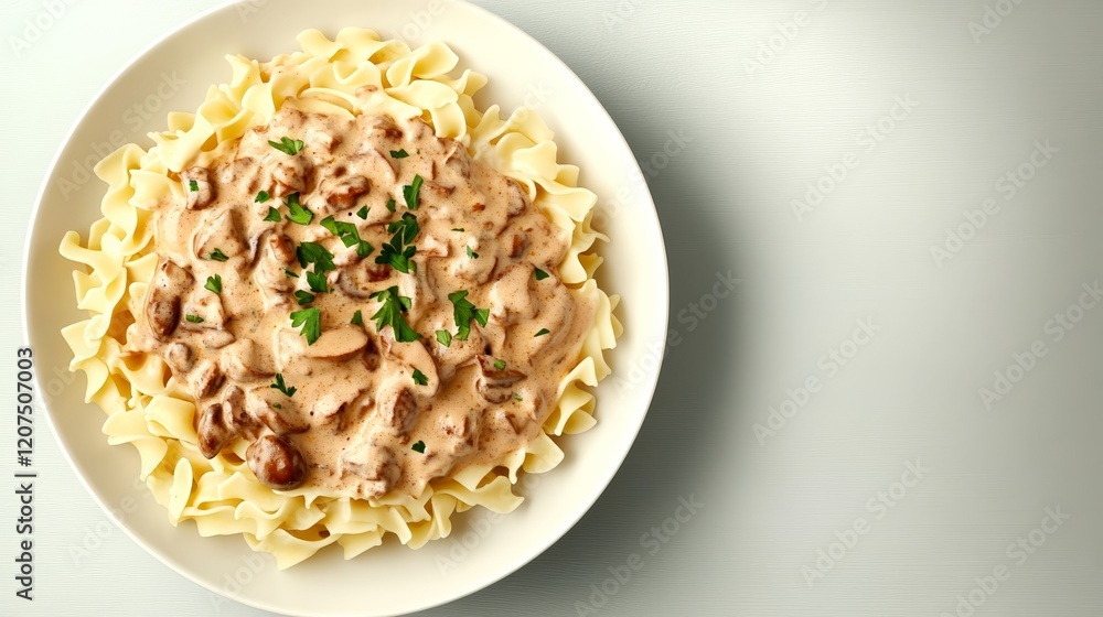 A serving of beef stroganoff with creamy mushroom sauce poured over buttery egg noodles and garnished with parsley rare classic Soviet Union food rich flavors A serving of beef stroganoff with creamy mushroom sauce poured over buttery egg noodles and garnished with parsley rare classic Soviet Union food rich flavors