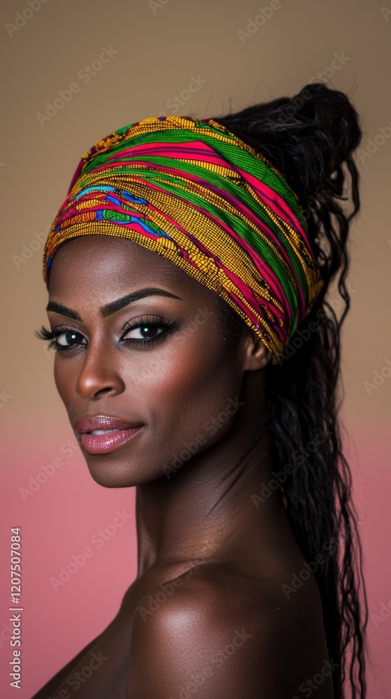 Naklejka premium Beautiful Black Woman in Colorful African Turban Headshot Portrait