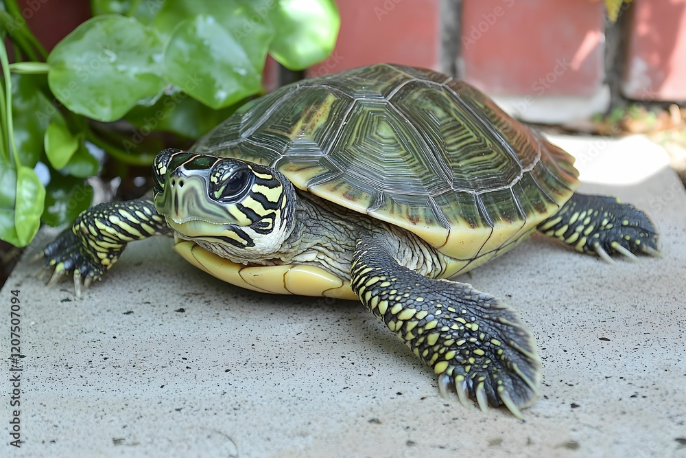 Fototapeta premium Turtle crawling across a surface near plants