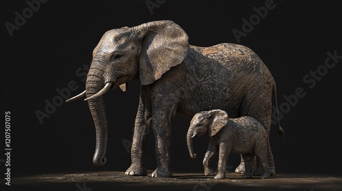 A majestic adult elephant stands protectively beside its playful calf, showcasing their bond against a dark backdrop. photo