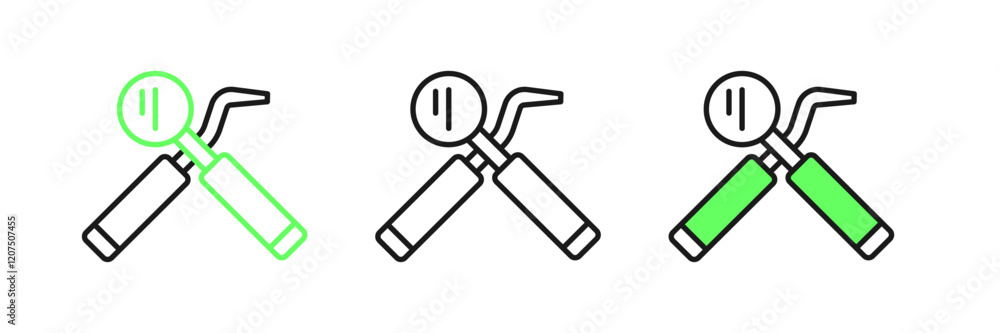 Set line Dental inspection mirror and probe icon isolated on white background. Explorer scaler. Tool dental checkup. Vector Set line Dental inspection mirror and probe icon isolated on white background. Explorer scaler. Tool dental checkup. Vector