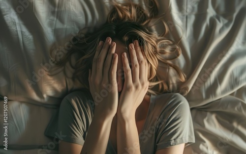 Ethical living burnout, depression concept. Desperate woman covering eyes with hands lying on bed suffering from fatigue, overwhelm, stress, anxiety, pressure, guilt, overcommitment, responsibility. photo