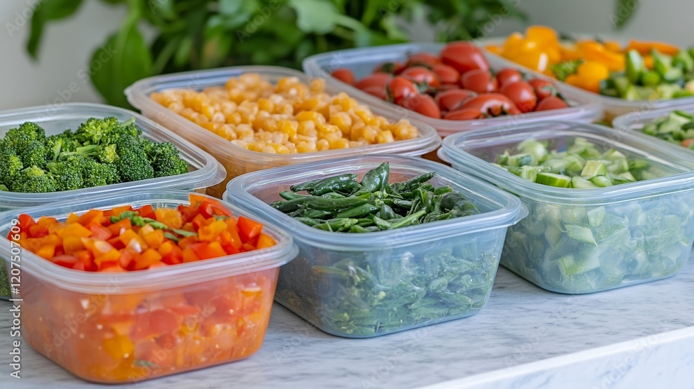 A table filled with freezer friendly prep ingredients like fresh vegetables grains and sauces ready to be portioned and sealed A table filled with freezer friendly prep ingredients like fresh vegetables grains and sauces ready to be portioned and sealed