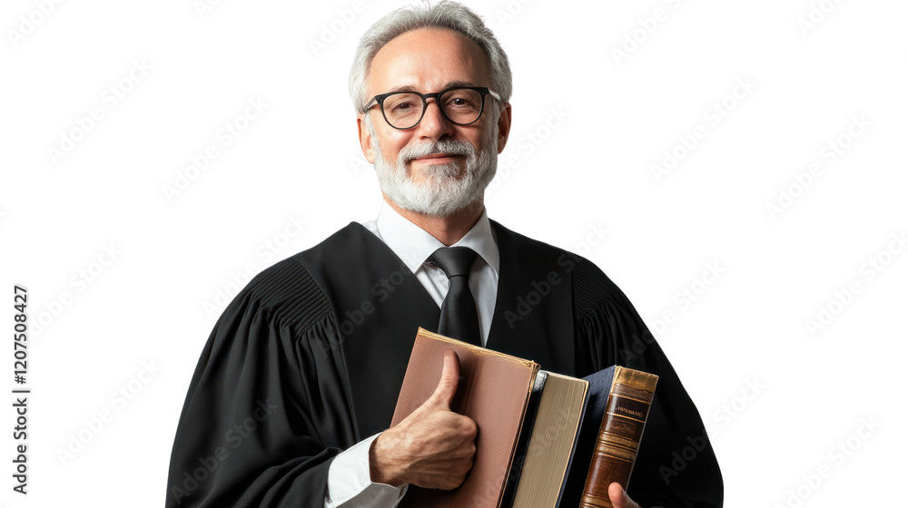 Portrait of a confident senior judge holding books and giving a thumbs up, wearing a traditional black robe and glasses, isolated on white background. Portrait of a confident senior judge holding books and giving a thumbs up, wearing a traditional black robe and glasses, isolated on white background.