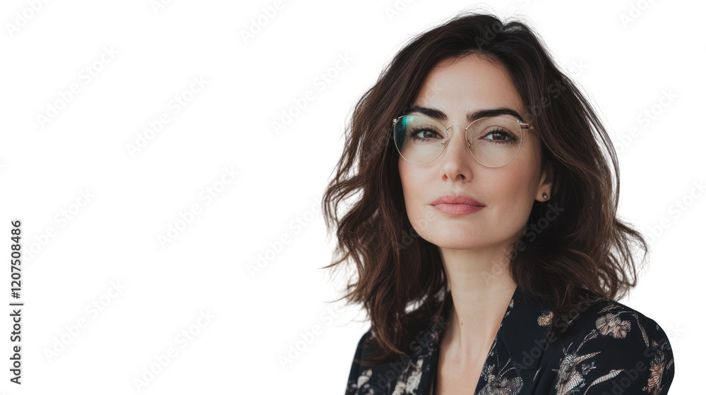 Portrait of a confident woman wearing stylish glasses and a floral blazer, looking directly at the camera with a thoughtful expression. Portrait of a confident woman wearing stylish glasses and a floral blazer, looking directly at the camera with a thoughtful expression.