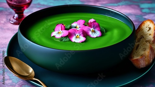 Wallpaper Mural Bowl of chilled cucumber and mint soup topped with edible flowers and served with crusty bread rare spring food refreshing dish  Torontodigital.ca
