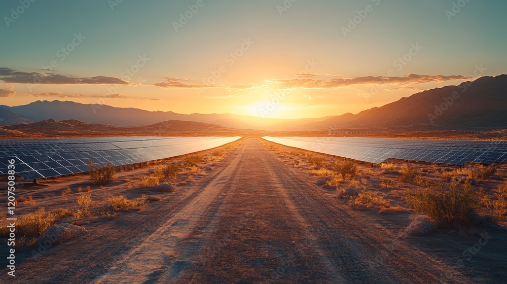 Expansive Roadway Adorned with Rows of Solar Panels Emphasizing Sustainable Energy and Innovation