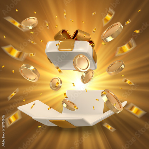 Realistic gift box with gold ribbon, coin and confetti. Vector illustration