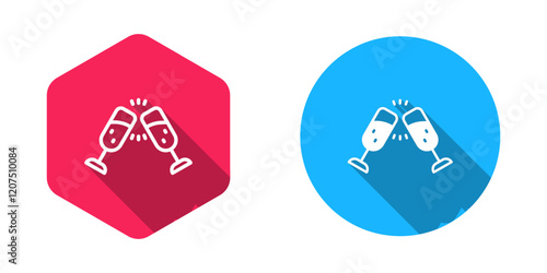 Filled and outline Glass of champagne icon isolated with long shadow background. Merry Christmas and Happy New Year. Vector