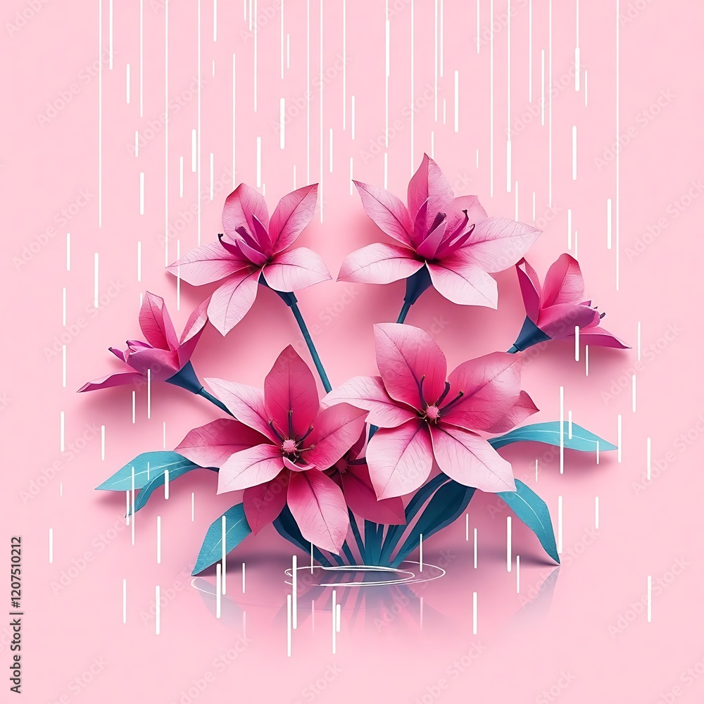 Obraz premium Pink flowers in rain, paper art style.