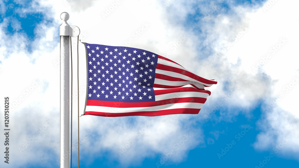 Obraz premium An American flag with more stars flying in the wind in front of a blue sky with clouds - concept for imperialistic tendencies to incorporate other states.