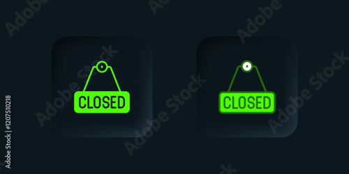 Green Hanging sign with text Closed icon isolated on black background. Business theme for cafe or restaurant. Black square button. Vector